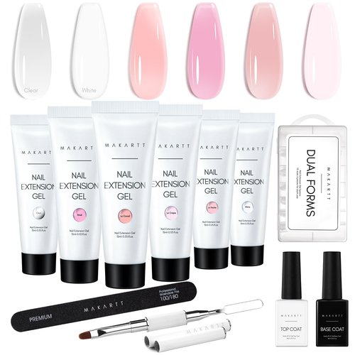 Makartt Poly Nail Gel Kit, 6 Pcs Clear Pink White Colors Builder for Extension Set, Long Lasting Hard Gel for Nails Strengther, All in One Kit Slip Solution Salon Home French Manicure