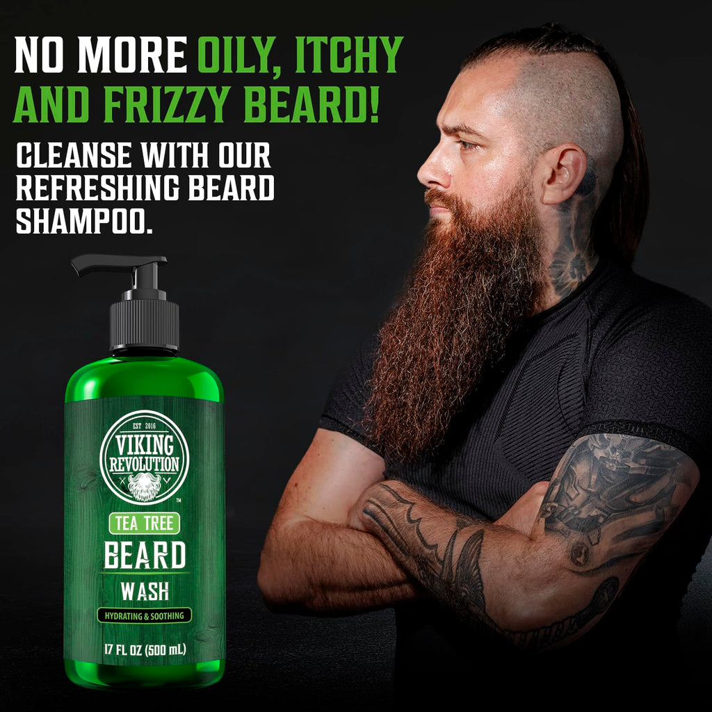 Viking Revolution Tea Tree Beard Wash for Men with Argan Oil and Ginseng Root Extract - Beard Softener and Strengthener Beard Shampoo with Olive Oil Beard Care to avoid Beard Dandruff and Itch (17oz)
