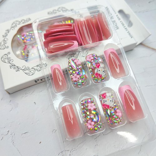 PDFADSK Pink Glitter French Tip Press on Nails Medium Square Fake Nails Glossy Rhinestones Full Cover Coffin False Nail with Rhinestones Charms Design Acrylic Nail for Women 24Pcs