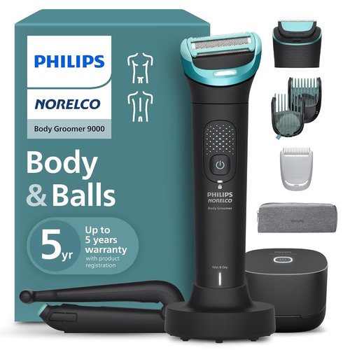 Philips Norelco Body Groomer 9000 Series - 100% Showerproof Men's Trimmer & Intimate Shaver with UV Cleaner | Adjustable Back Attachment, BG9480/50