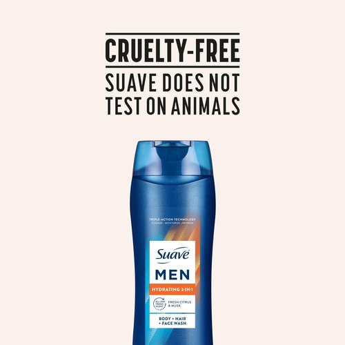 Suave Men Hydrating 3-in-1 Body + Hair + Face Wash with Glycerin & Vitamin E, Cleanse, Moisturize, Refresh, No Parabens or Pthalatates, Long-Lasting Fragrance, 18 FL OZ, 6 Count