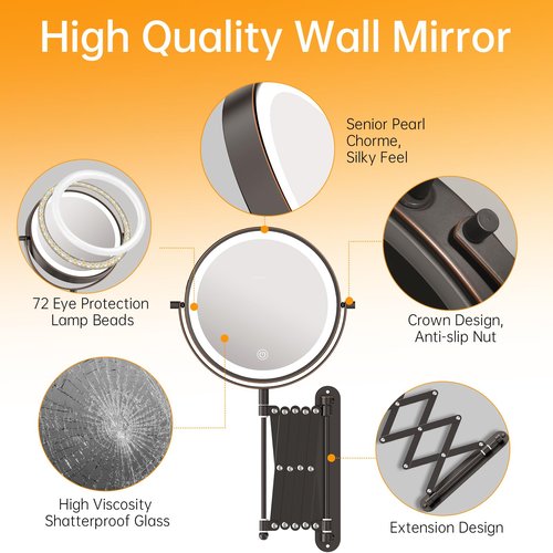 Rechargeable Wall Mounted Makeup Mirror with Light, 8 Inch 1X/10X Magnifying Mirror, 3 Light Settings & Dimmable, 360° Swivel Extendable Bathroom Vanity Mirror, Anti-Rust, Telescoping, Antique Bronze