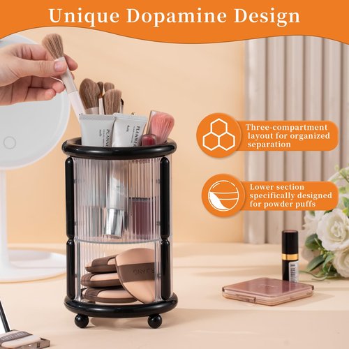 CLOKTA Makeup Brush Holder, 2 Tier Clear Cosmetic Tools Organizer, Round Makeup Organizer for Vanity Countertop (Black)