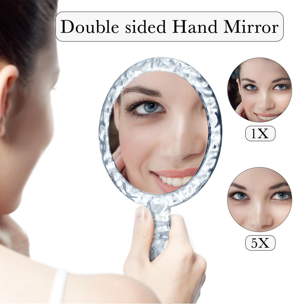 YEAKE Hand Mirror,Double-Sided Handheld 1X/5X Magnifying Mirror with Handle, Handle Makeup Mirror,Acrylic, 6.1" W x 10" L, Rounded Shape, Clear 1 PC