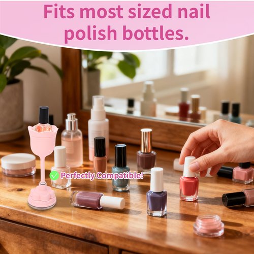 DR.YYDF Nail Polish Bottle Holder, Rose-Shaped with 360° Rotating Stem, Tilted for No-Spill, Strong Suction Cup, All-Bottle Fit (Pink)