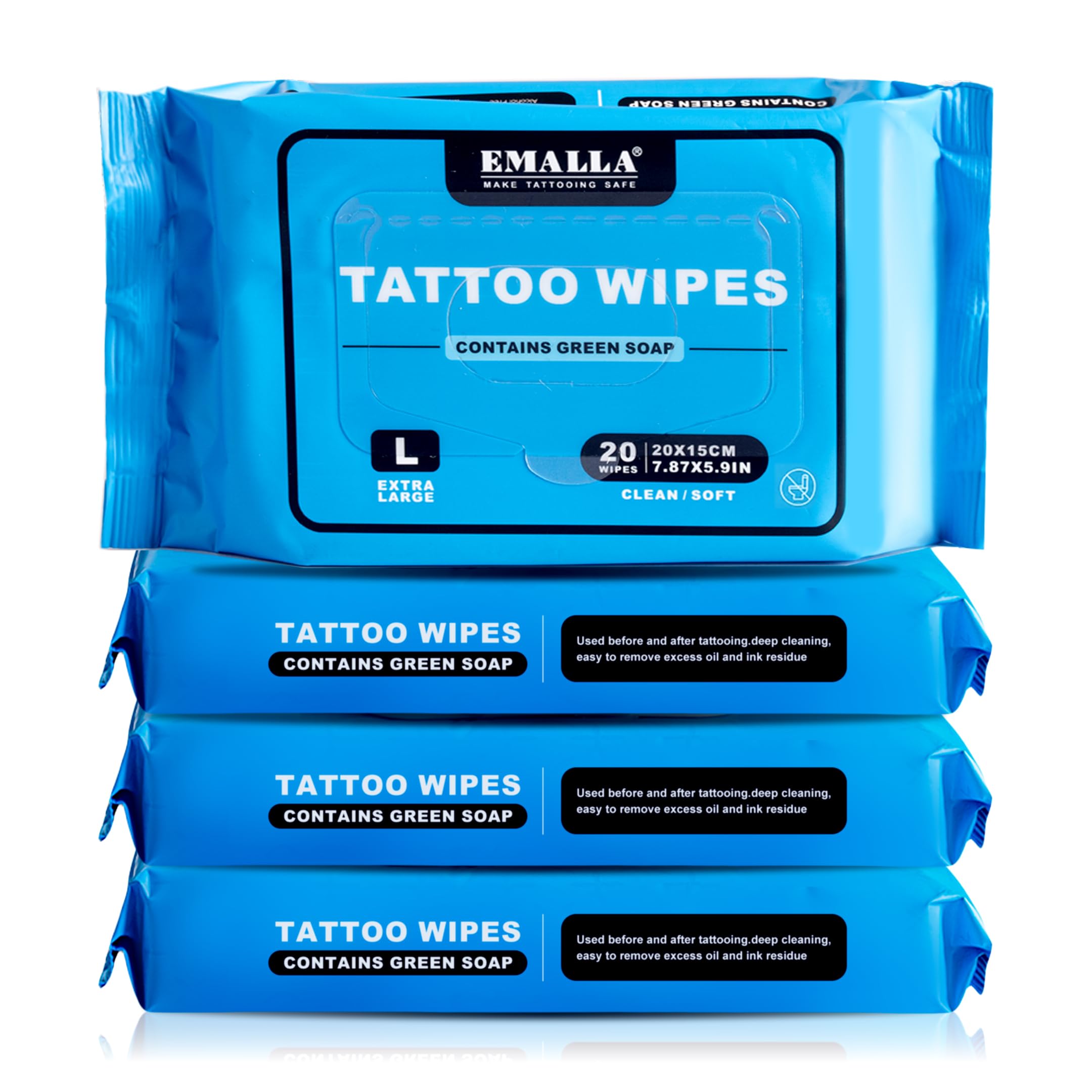 Yuelong Green Soap Tattoo Wipes 80Count L Cleaning TattooCare Wipe for During Tattooing & Aftercare Studio-Grade, Natural Formula Wipes for Tattooing, Microblading & Piercing Care (L-20Count(4 Pack))