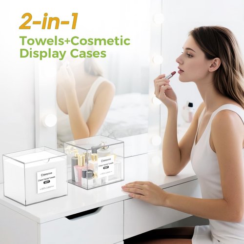 50 PCS Disposable Face Towel Holder, Acrylic Cosmetic Container for Clean Skin Club XL Towel, Makeup Remover Wipes Waterproof Box for Dresser Countertop, Bathroom Storage(Includes Cotton Cloth)