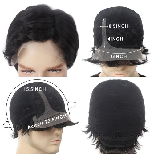 STfantasy Black Lace Front Mens Wigs 6X4X0.5 T Part Lace Short Wigs with 150% Density Side Part Synthetic Hair for Men Man Male Daily Used Costume Party Halloween Cosplay Updated Soft Hair