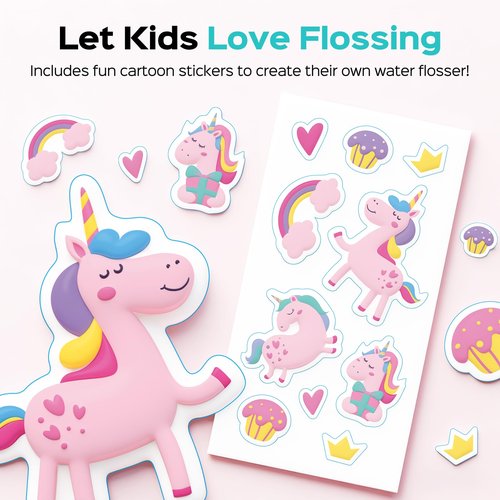 COSLUS T40 Portable Water Flosser for Kids: 4 Gentle Modes for Ages 6+, Braces & Sensitive Teeth - with Fun DIY Stickers, 4 Storable Nozzles, Mini Compact for Home School & Travel, BPA-Free, Pink
