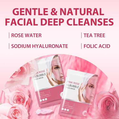 Pack of 10 Pink Rose O2 Bubble Face Masks Skincare, Spa Presents for Women, Bubble Face Sheet Mask Cleaner Foaming Purifying Facial Mask for Acne and Pores Moisturizing Beauty Sheet Masks