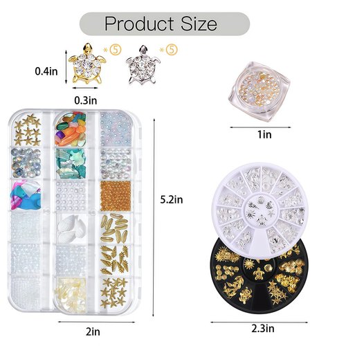 Pizadix 6 Boxes Summer Nail Art Rhinestones, 3D Ocean Theme Nail Charms Alloy Sliver Gold Beach Starfish Conch Seashell for Women Girls Nail Decorations DIY Craft Jewelry