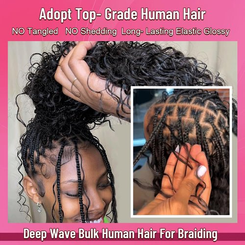 100 Percent Human Braiding Hair for Boho Braids Curly Deep Wave Bulk Human Hair for Micro Braiding Hair Bohemian Boho Knotless Braids 2 Bundles 100g Wet and Wavy 100% Human Hair Extensions No Weft