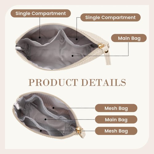 MAGEFY 2Pcs Makeup Bag Set, Cute Makeup Pouch for Purse Corduroy Travel Cosmetic Pouch for Women with Slip-in Pockets for Purse Essentials Accessories(Beige,Mini+Small)