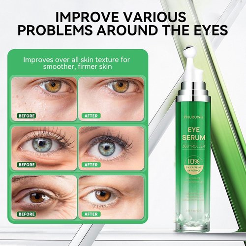 Eye Cream with 5% Caffeine Retinol Hyaluronic Acid, Eye Serum with 360° Roller Massage Ball for Puffy, Bags, Fine Lines, Dark Circles and Wrinkles, Under Eye Treatment Serum for Women & Men