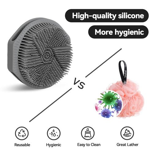2-Pack Soft Silicone Dual-Sided Body Scrubber & Loofah | Gentle Exfoliating Shower Brush for Men & Women | Creates Rich Lather, Easy to Clean (Gray & Purple)