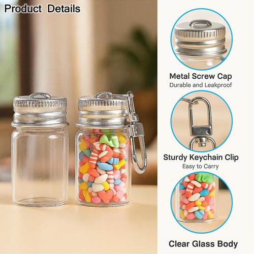 Doromy 12 Packs 7ml Mini Glass Bottle Keychain with Screw Cap Small Clear Vials with Metal Key Ring Clear Glass Storage Jars for Crafts, Perfume, Essential Oils, Travel