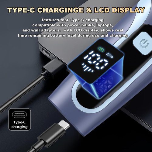 Beard Trimmer for men, Vacuum Mustache Trimmer with Type-C Charging, IPX7 Waterproof Electric Shaver Body Hair Trimmer for Men with LCD Display, Length Adjustable Blade Wheel (1/25"-4/5") (Blue)