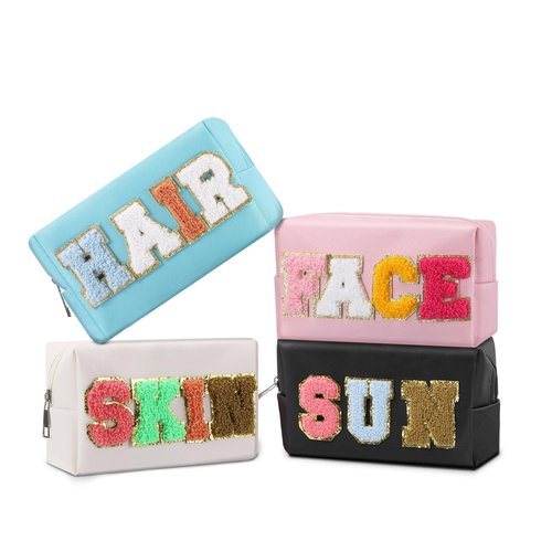 LYOOmaLL 4 Pcs Chenille Letter Preppy Patches Makeup Bag with Zipper PU Leather Waterproof Stoney Clover Makeup Bag Hair Skin Face Stuff Bag for Women, Girls