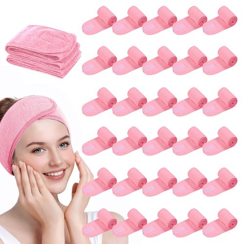 SHENGYIWA 30 Pack Adjustable Spa Headband for Women Non-Slip Facial Hair Wrap for Washing Face, Makeup, Shower, Skincare, and Yoga (Pink, 30)