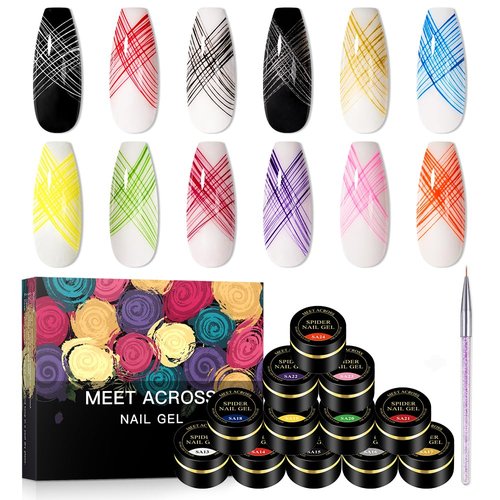 MEET ACROSS 12 Colors Spider Gel for Nail Art With Liner Brush, Soak off UV LED Elastic Drawing Gel, Nail Art Design Paint