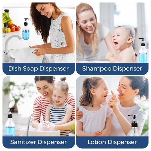 Homepicker Small 10 oz Clear Glass Soap Dispenser with Pump, Glass Pump Bottle for Lotion Body Oil, 300ml Hand and Dish Soap Dispensers Set with Storage Caps, Labels - 2 Pack