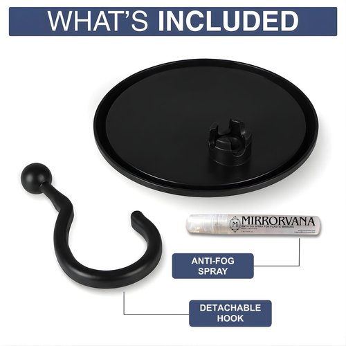 MIRRORVANA Hangable Round Fogless Shower Shaving Mirror with 360° Swivel Rotatable Hook for Hanging and Bonus Anti-Fog Spray - Anti Fog and Shatterproof Surface, 6.7" Diameter (Black)