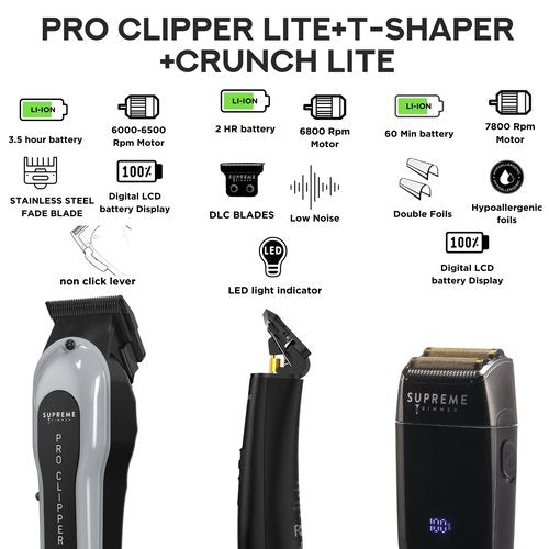 Supreme Trimmer 3-in-1 Barber Bundle | Pro Clipper Lite, DLC T-Shaper Trimmer, Crunch Lite Foil Shaver | Professional Beard Trimmer/Clipper Kit | Value Bundle 1