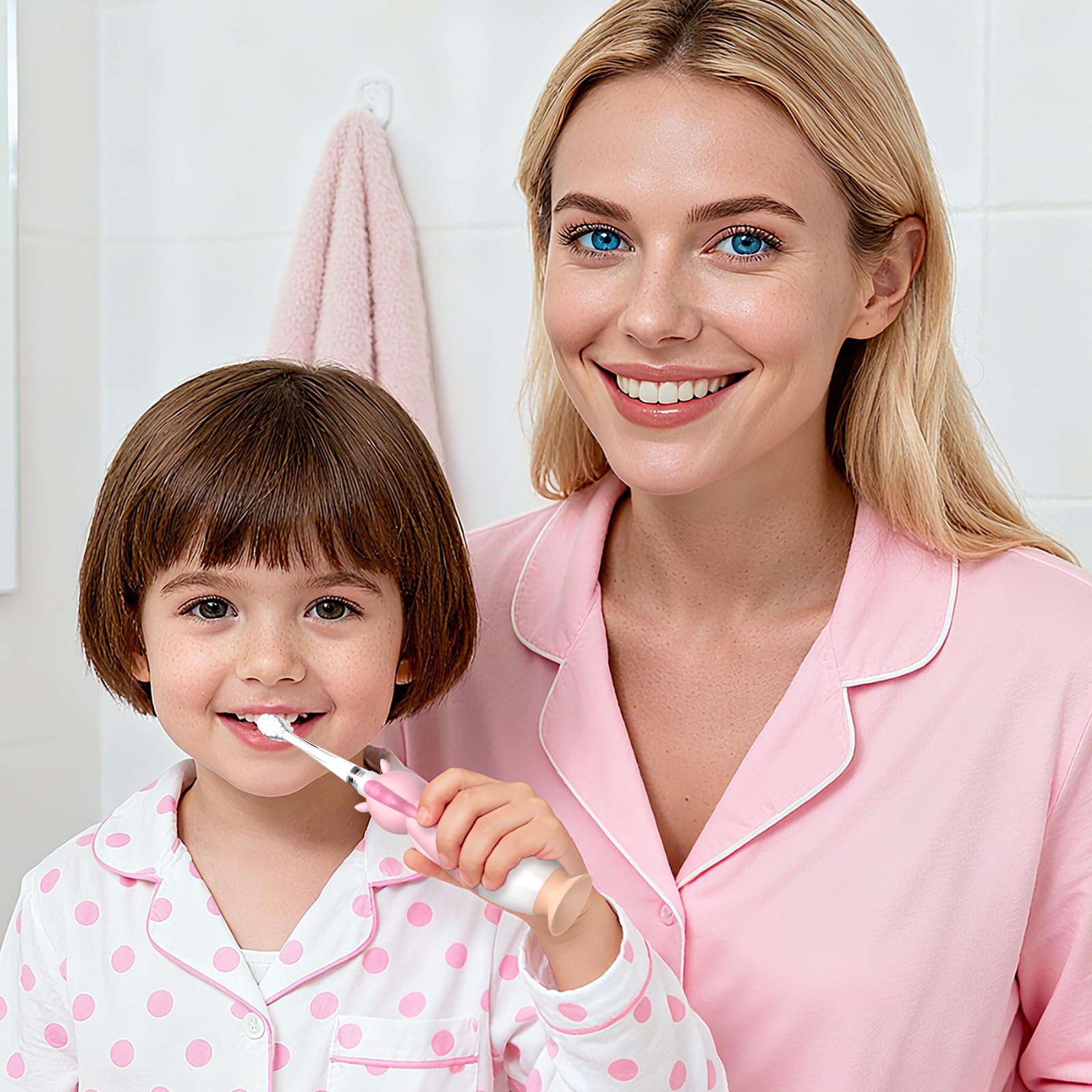 YUNCHI Toddler Electric Toothbrush Kids 0-3-6 Years, Baby Electric Toothbrush with Colorful LED Light, Battery Powered Toddler Toothbrush with 2 Minutes Timer 4 Brush Heads, Infant Toothbrush (Pink)