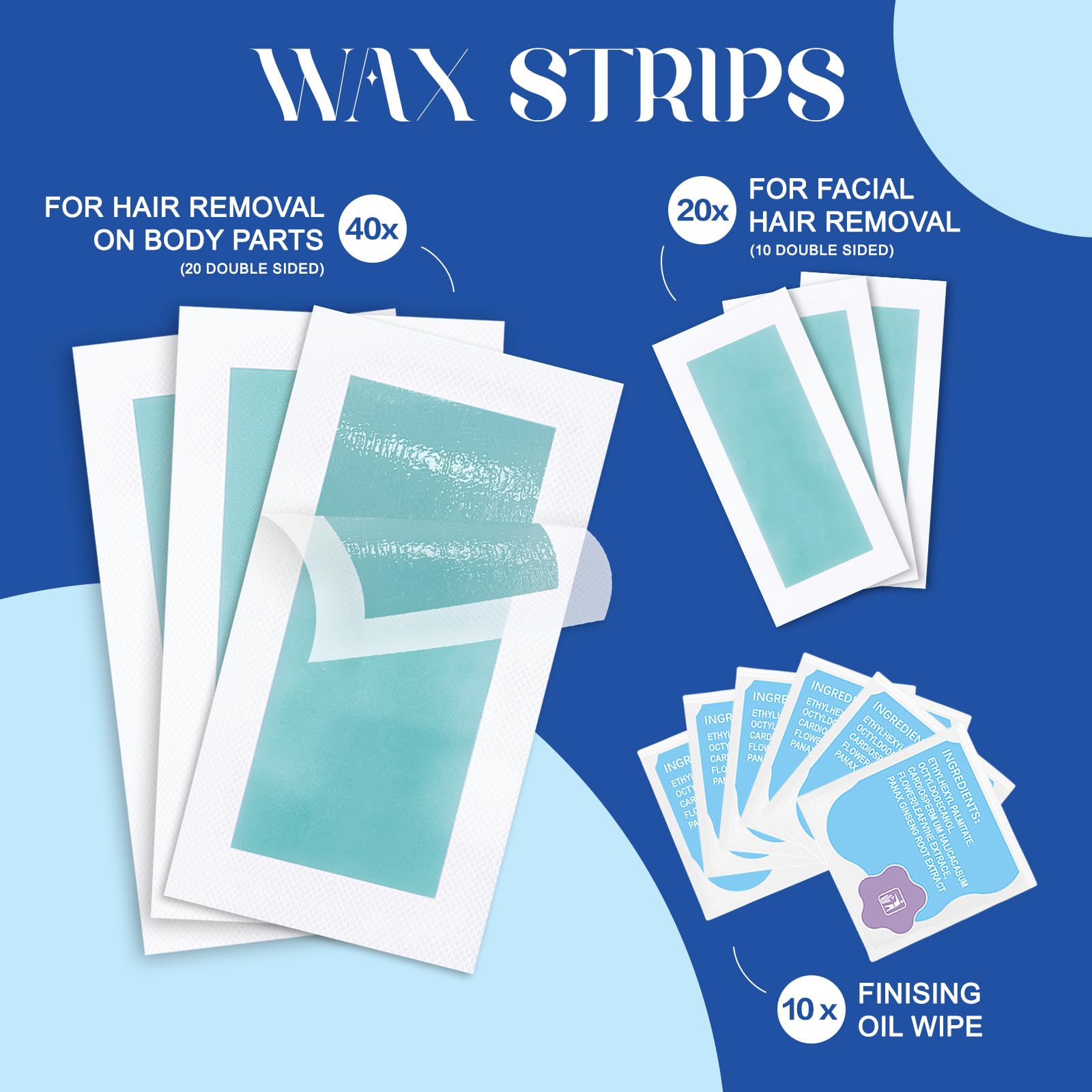 Wax Strips Hair Removal Kit – 60 Wax Strips + 10 Calming Oil Wipes, No Heating Required, Gentle & Effective for Face, Legs, Arms & Underarms, For Sensitive Skin