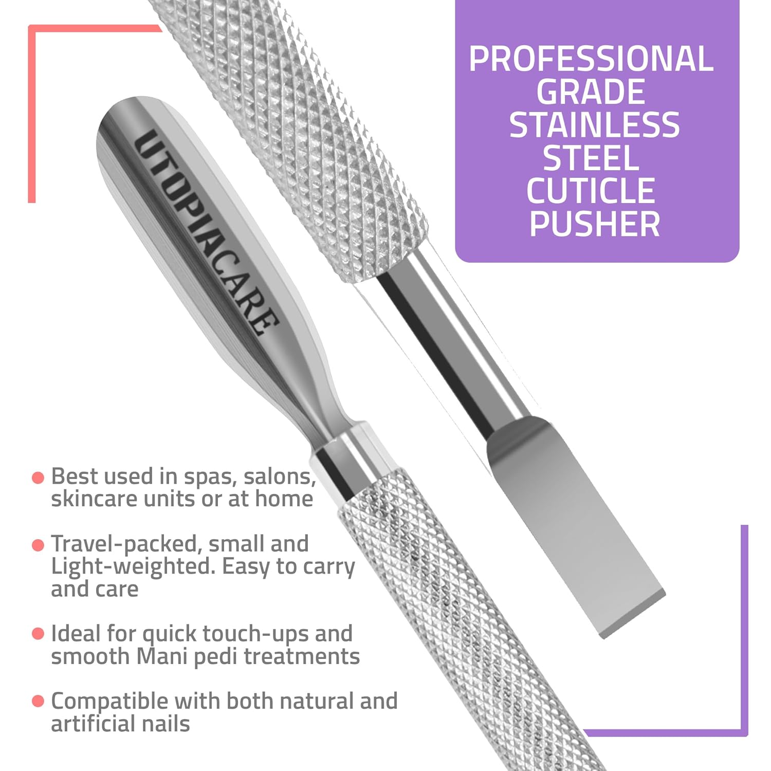 Utopia Care Cuticle Pusher Tool - Professional Stainless Steel Nail Cleaner & Remover | Durable Manicure & Pedicure Tool, Silver