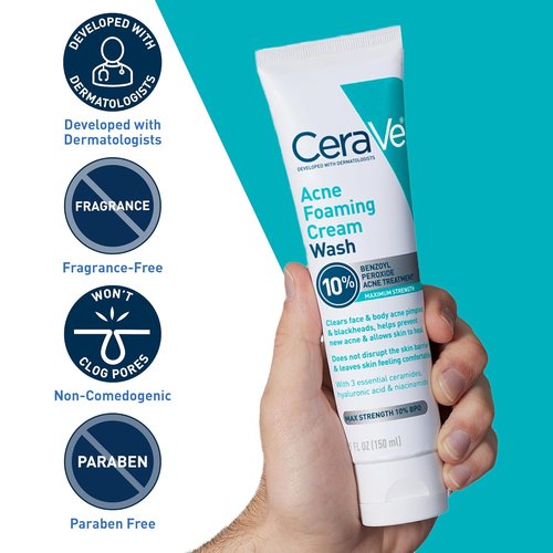 CeraVe Acne Foaming Cream Wash - Gentle Face & Body Cleanser with 10% Benzoyl Peroxide | 5 Oz