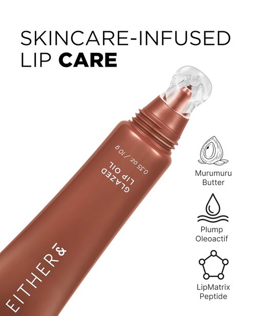 EITHER& Glazed Lip Oil - Tinted Lip Gloss with Peptides | Lightweight, Non-Sticky Moisturizer (10g)