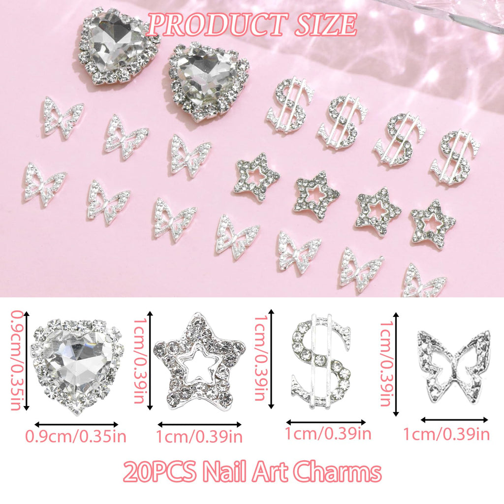 YAEISM Nail Art Charms Kit - 3D Crystal Heart, Sliver Dollar Sign, Metal Butterfly, Silver Rhinestones, Star Nail Gems for DIY Crafts & Jewelry Decoration