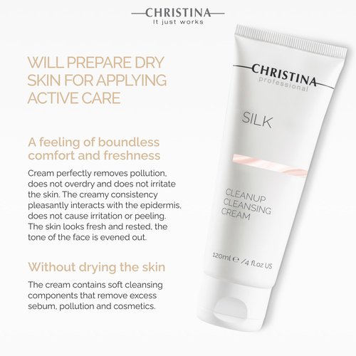 Christina Silk CleanUp Cleansing Cream for Face | Oil-Free Gel Texture, Relieves Irritation, Moisturizing Effect, Suitable For Dry & Sensitive Skin | 24-Hour Care, Ideal for Face Makeup Removal 120ml