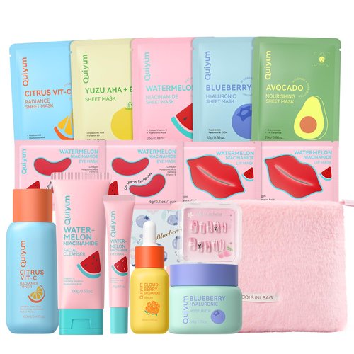 QUIYUM Fruit Skincare Set - with Pink Plush Makeup Bag & Strawberry Nail Art, Hydrating Moisturizing Glowing Oil Control Facial Care, Spa-Like at Home, Perfect Teen Girl Gifts Trendy Stuff