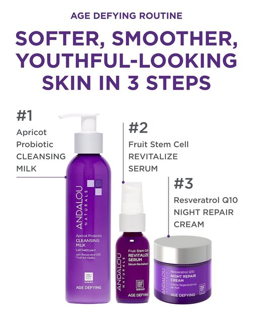 Andalou Naturals Age Defying Night Repair Cream - Hydrating Anti-Wrinkle Moisturizer with CoQ10 & Resveratrol - 1.7 oz