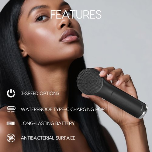 Silicone Facial Cleansing Brush, Portable Electric Face Scrubber with Heat and Vibration, 3 Modes Adjustable, Waterproof IPX6, USB-C Rechargeable, Deep Cleansing, Exfoliating and Massage（Black）