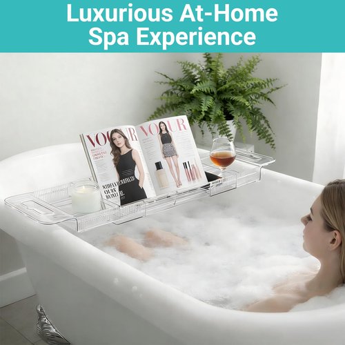 Expandable Bathtub Tray Caddy, Clear Bath Tray for Tub for Bath Relaxing, Foldable Bath Table Trays, Bathtub & Bathroom Accessories for Women Gift, Anniversary or Wedding Gifts, New Home
