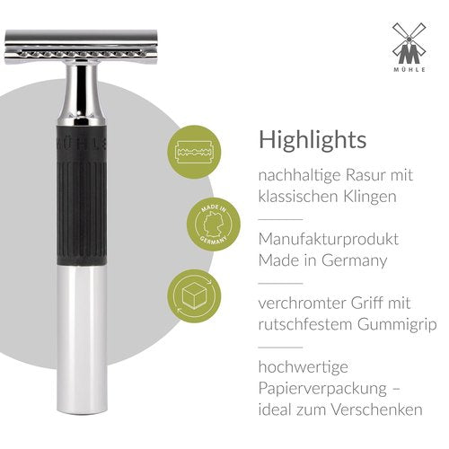 MÜHLE NEO Safety Razor - Eco-Friendly Double Edge Razor for Beginners & Experts | Chrome with Black Grip