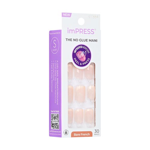 KISS imPRESS No Glue Mani Press On Nails, French, 'Heroic', Light Neutral + White Tip French, Short Size, Squoval Shape, Includes 30 Nails, Prep Pad, Instructions Sheet, 1 Manicure Stick, 1 Mini File
