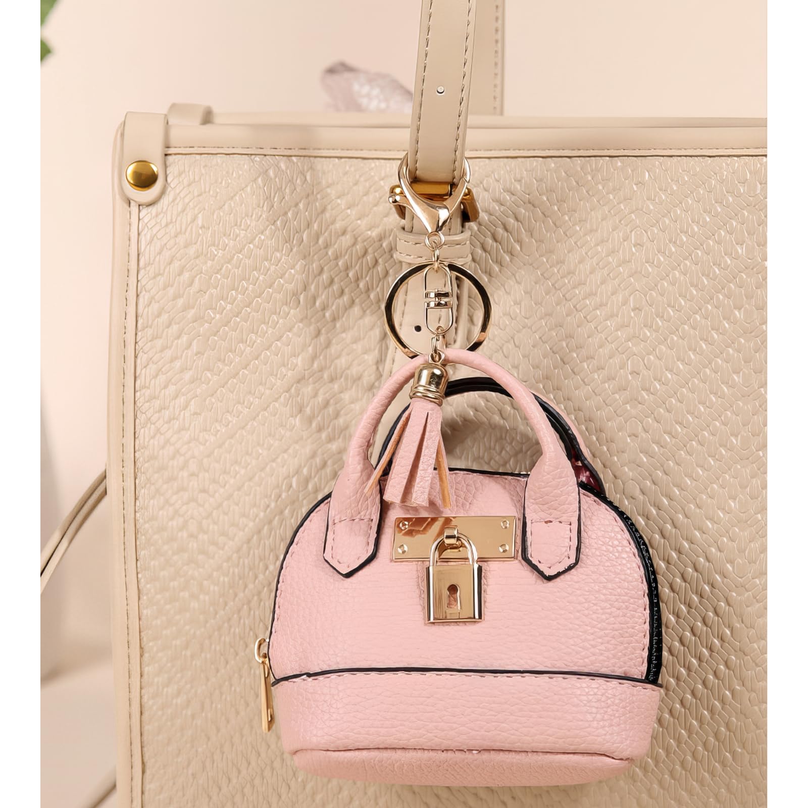 YJUBAOA 2 PCS Cute Mini Tote Bag Keychain for Women PU Leather Mini Backpack Purse Keychain Little Cosmetic Bag Key Lipstick Card Data Cable Organizer
