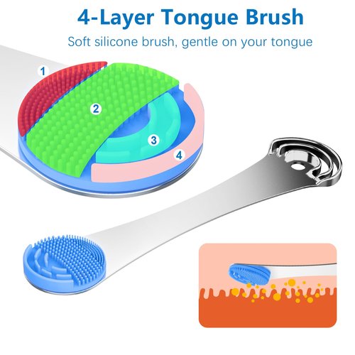 Tongue Scraper for Adults, 3-Layer Stainless Steel Tongue Scraper Metal Tongue Cleaner Tongue Scrubber, Reduce Bad Breath, with Soft Silicone Tongue Brush