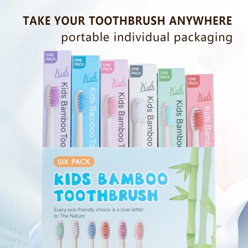 BlueForest Era Kids Bamboo Toothbrushes Set, BPA Free Soft PBT Bristles, Natural Eco Friendly Wooden Tooth Brush for Children Toddler, Biodegradable Individual Wrap Travel Toothbrush 6 Pack