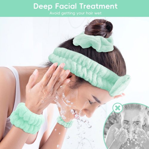 my novel things Facial Cleansing Brush, Spa Headband for Washing Face, Skincare Headband and Wristband Set, 2-in-1 Skin Care face Brush, Come with a Hair Scrunchie, for Massaging Makeup Skincare-Blue