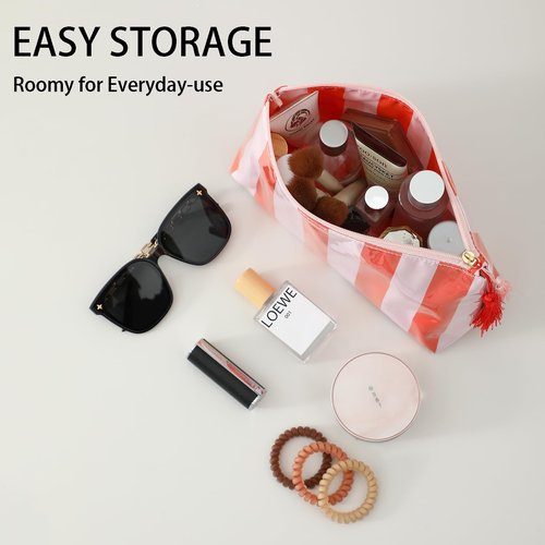 DYSHAYEN Makeup Bags for Purse,Small Clear Coated Cosmetic Bags for Women Girls, Waterproof Travel Organizer Zipper Pouch Beach Vacation Essentials (Pink-Orange)