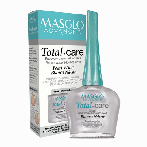 MASGLO Advanced Total Care Nail Strengthener – Post Gel Damage Recovery Treatment, 13-Free Vegan Fast-Dry Thickening Repair with Tea Tree Oil & Vitamins, Base Coat, Nacre White Tone & Shine (3in1)