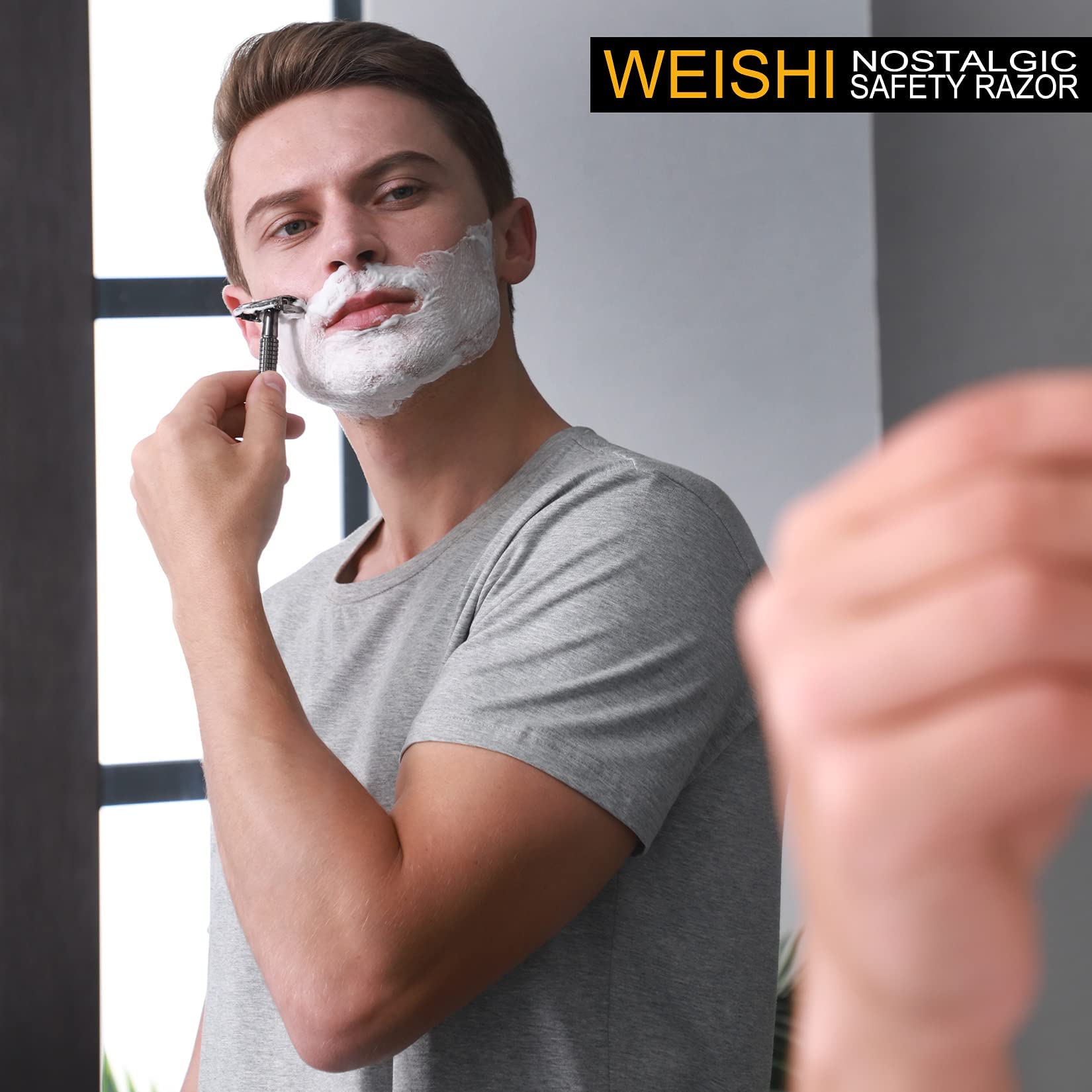 WEISHI Butterfly Open Double Edge Safety Razor for Men, Nostalgic Long Handle with 5 Stainless Razor Blades, Reusable Wet Shave Tool for Smooth, Close Shave