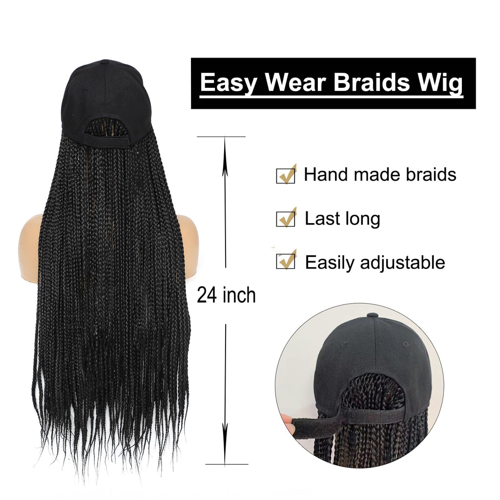 Yunkang Hat Wig for Women Baseball Cap with Braided Hair Attached Synthetic Black Box Braid Wig Hat Adjustable Cap with 24inch Black Braids for Daily Outdoor Use