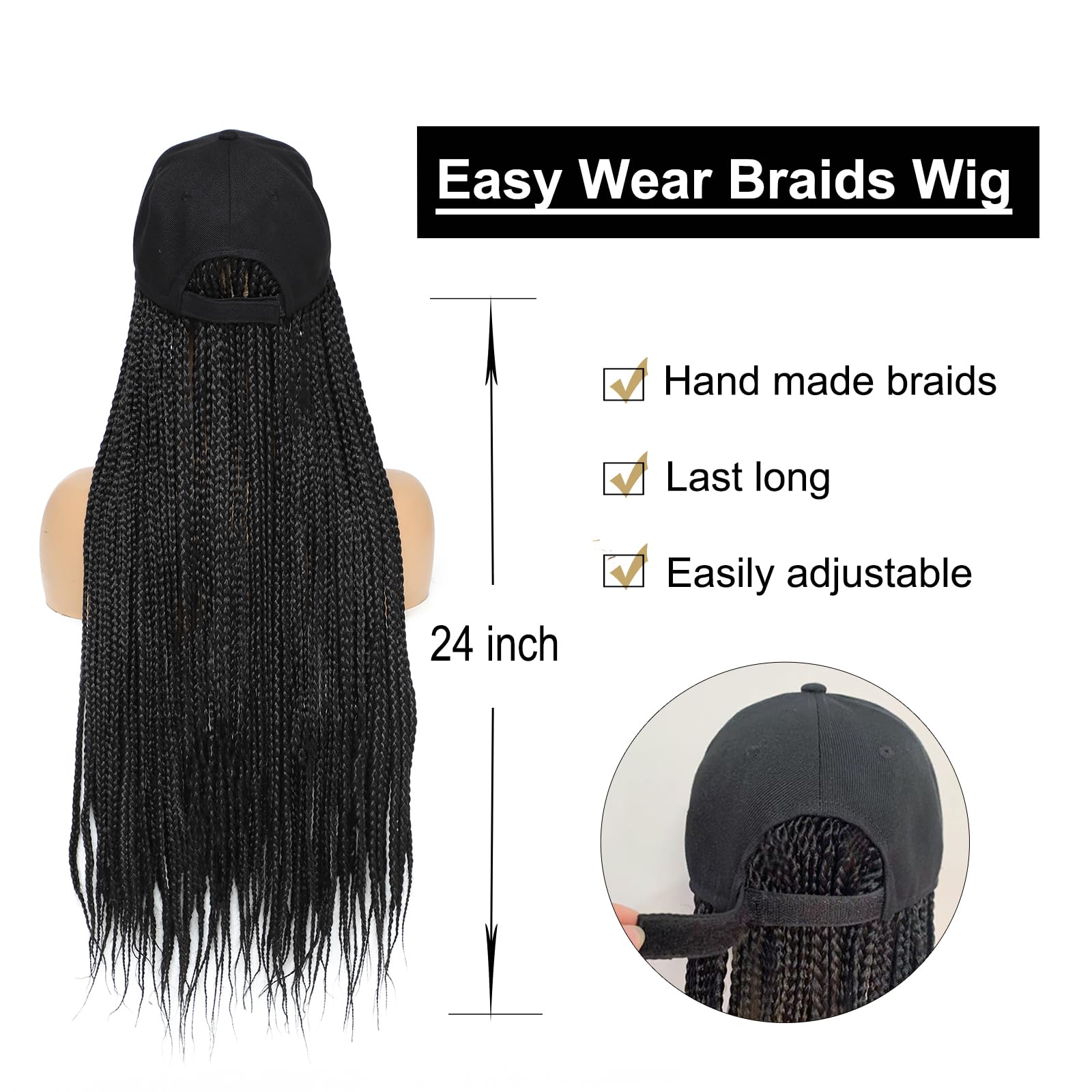 Yunkang Hat Wig for Women Baseball Cap with Braided Hair Attached Synthetic Black Box Braid Wig Hat Adjustable Cap with 24inch Black Braids for Daily Outdoor Use