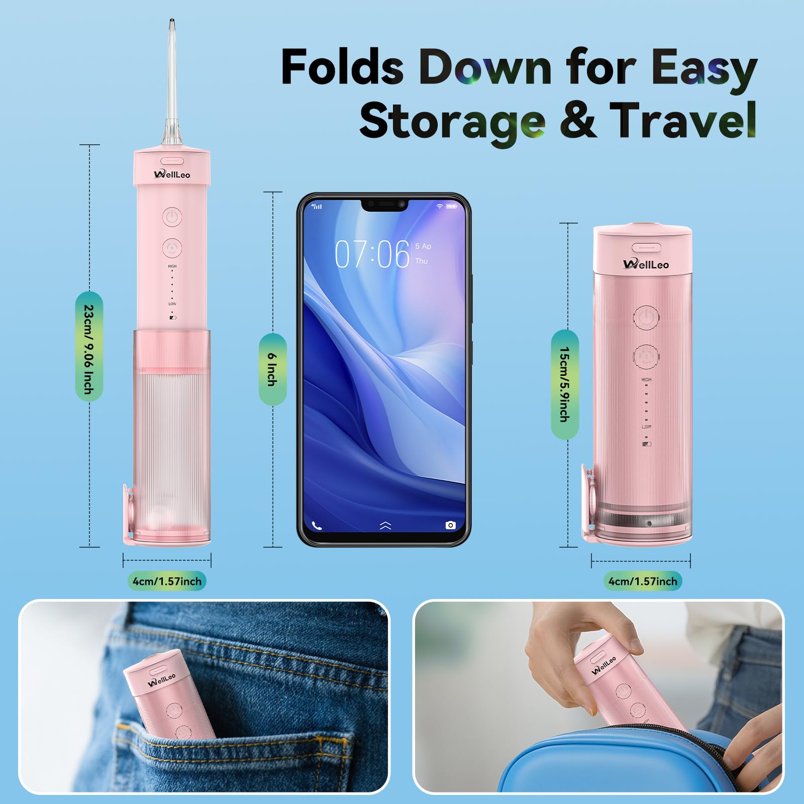 WellLeo Mini Water Flosser for Teeth,Travel Dental Flosser Picks, Portable Oral Irrigator with Telescopic Water Tank, 5 Modes IPX7 Waterproof Tooth Flosser for Brace, Sensitive Teeth, with Storage Bag